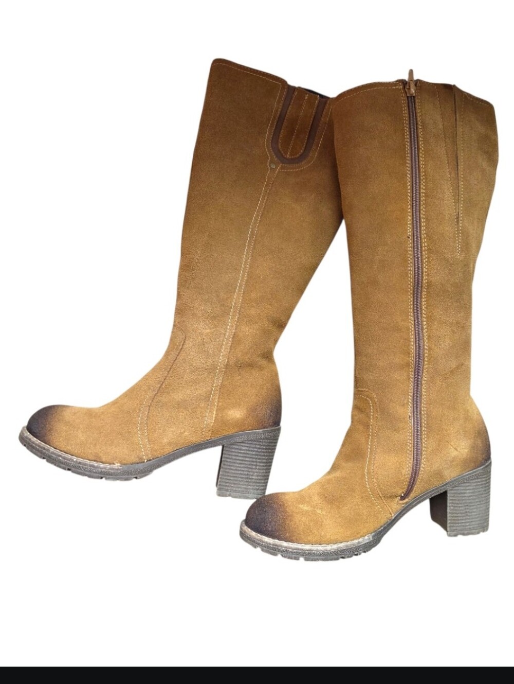 Reitmans Tall Suede Cognac Block-Heel Long Boots. Ladies size 10 EUC Distressed